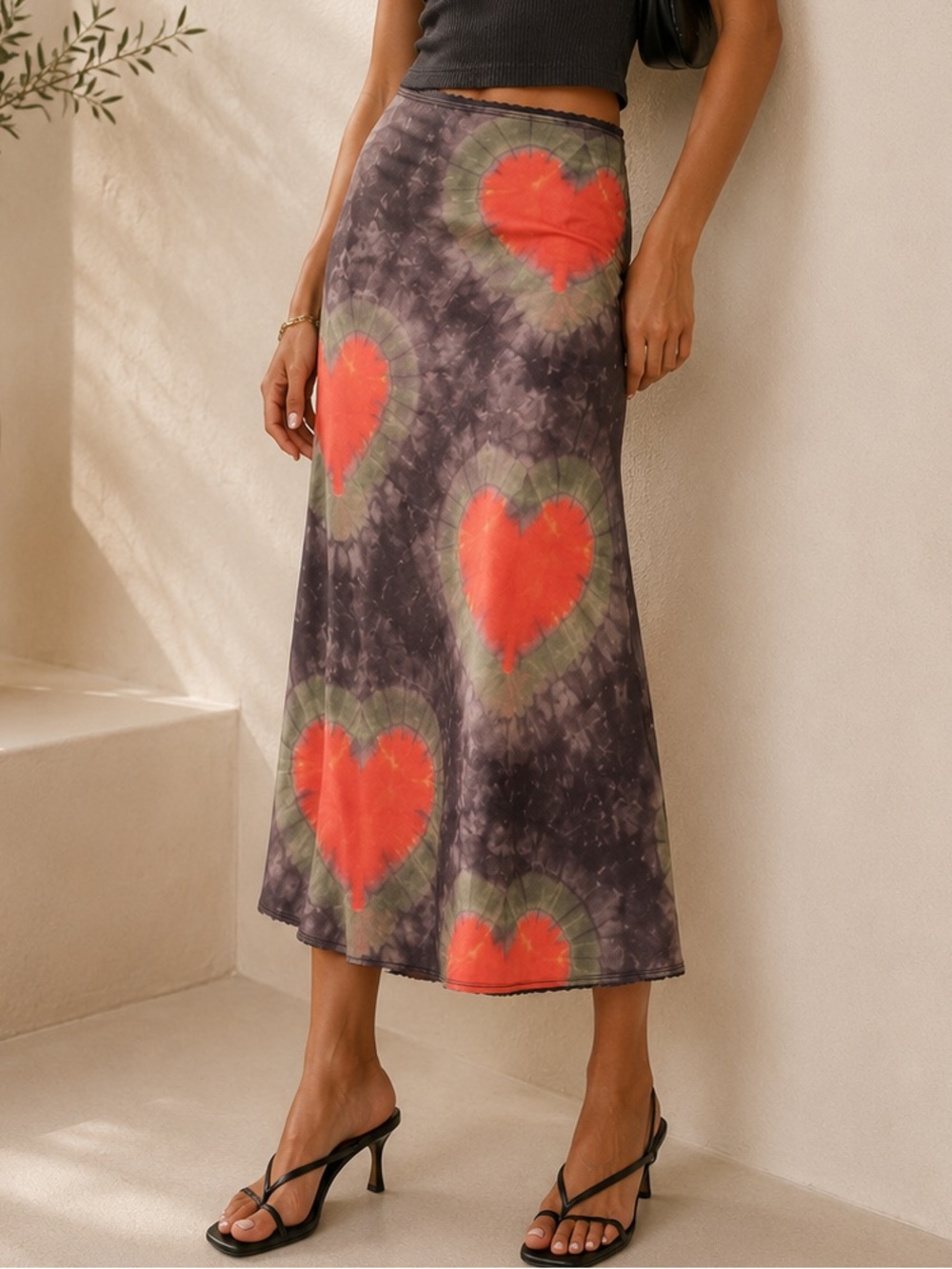 Tie-Dye Maxi Skirt with Coral Hearts